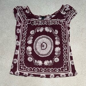 Lucky Brand Maroon and Cream Floral Blouse